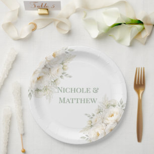 All White Floral Wedding Paper Plate