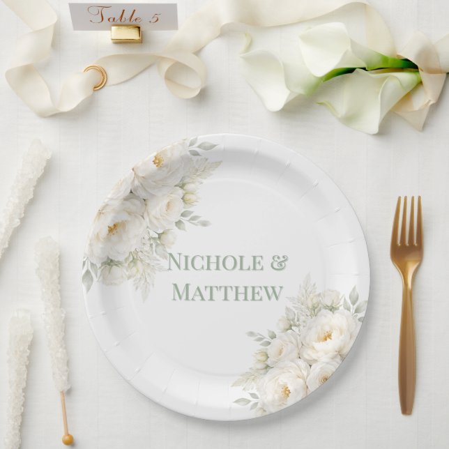 All White Floral Wedding Paper Plate (Wedding)