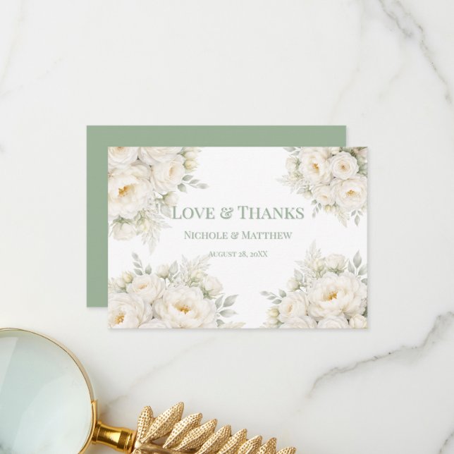 All White Floral Wedding Thank You Cards (Front/Back In Situ)