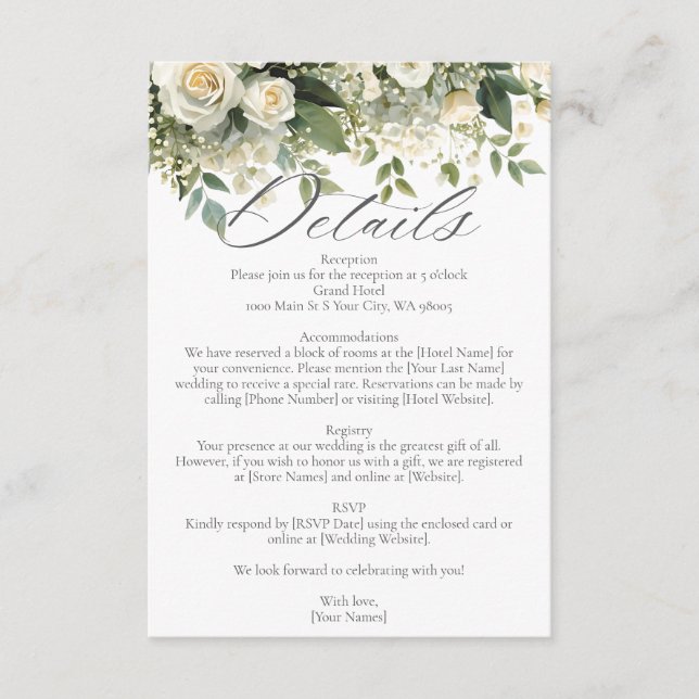 All White Hydrangea Rose Flowers Greenery Wedding Enclosure Card (Front)