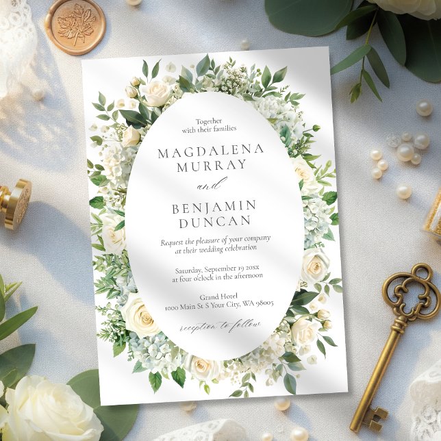 All White Hydrangeas Roses Floral Frame Wedding Invitation (Creator Uploaded)