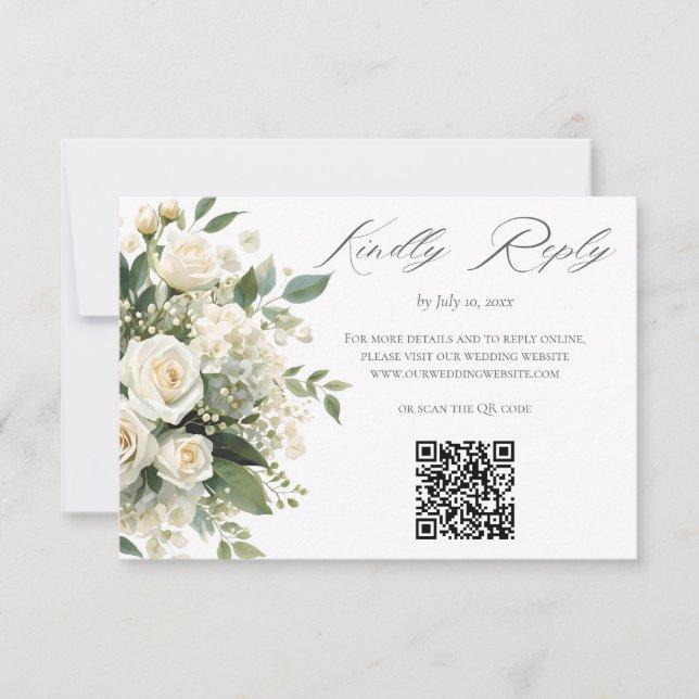 All White Hydrangeas Roses Wedding Website QR Code RSVP Card (Front)