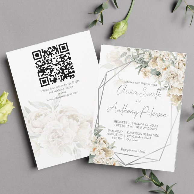 All white silver frame white floral wedding invitation (All white wedding theme white flowers silver sage silver geometrical frame invitation template)