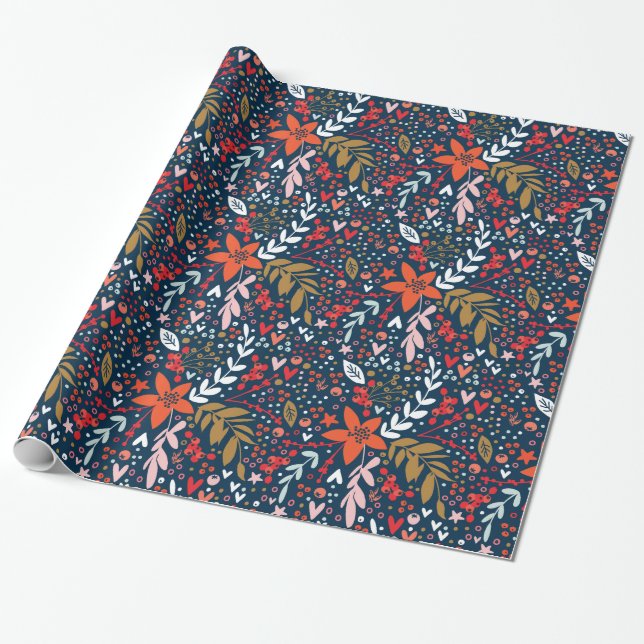 All Year Navy Floral Gift Wrapping Paper (Unrolled)
