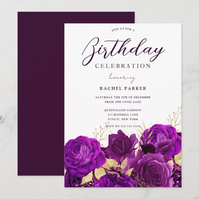 All Years Birthday Party Purple & Gold Floral Invitation (Front/Back)