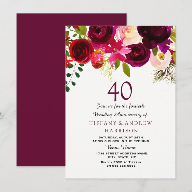 All Years Burgundy Floral 40th Wedding Anniversary Invitation (Front/Back)