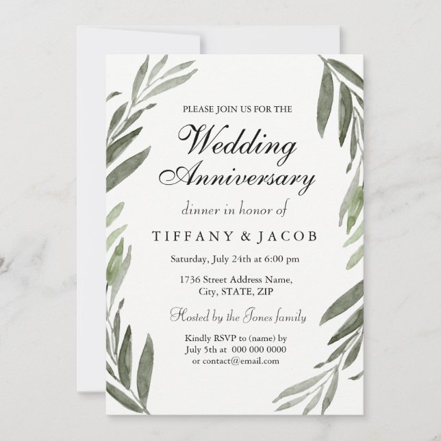 All Years Green Leaf Wedding Anniversary Invite (Front)