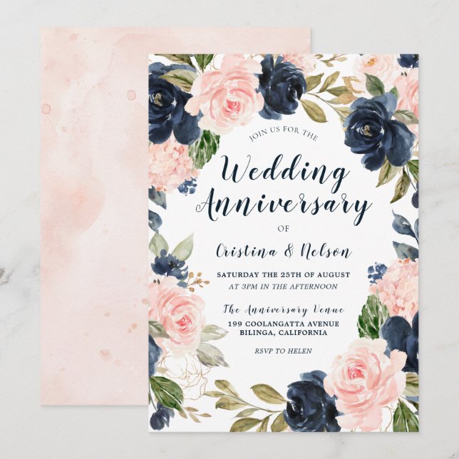All Years Wedding Anniversary Blush Pink Navy Blue Invitation (Front/Back)