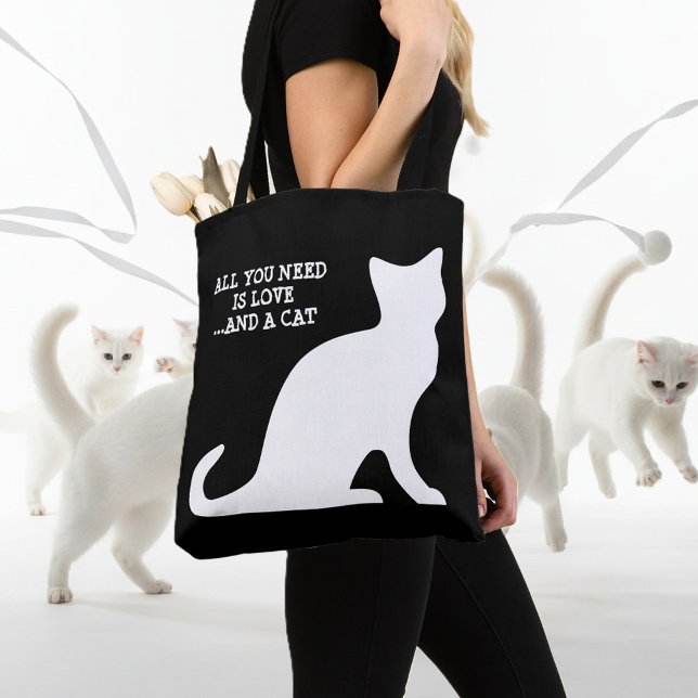 All you need is love and a cat cute black tote bag (cat tote bag)