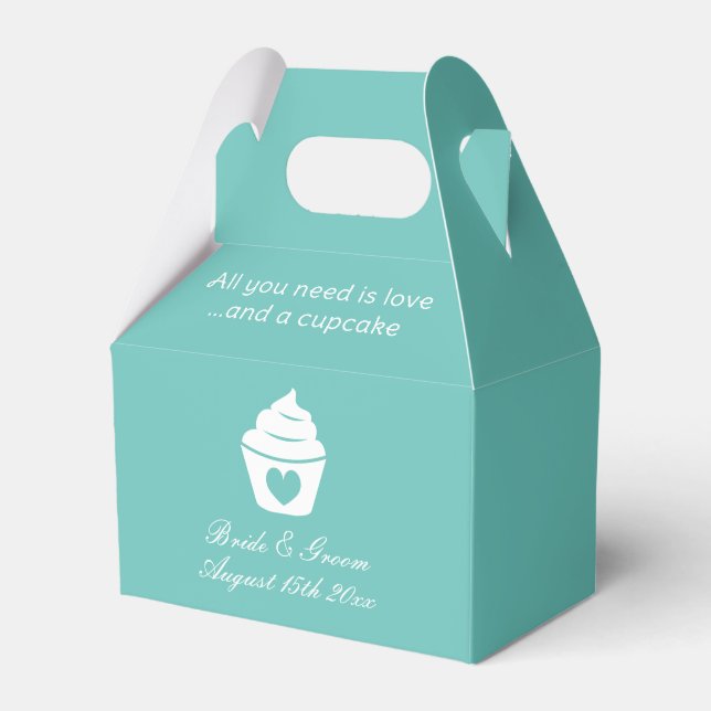 All you need is love and a cupcake teal wedding favour box (Front Side)
