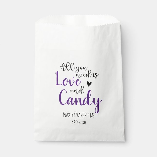 All You Need Is Love and Candy Black and Purple Favour Bags (Front)