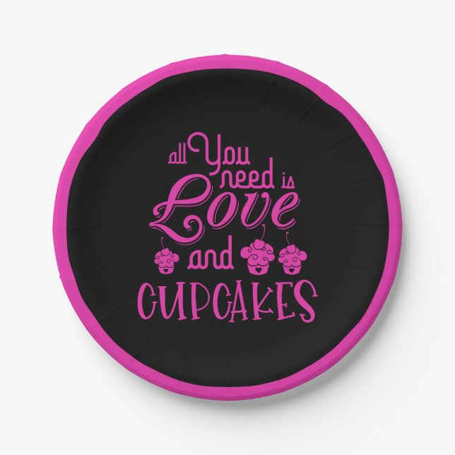All You Need Is Love And Cupcakes Quote Neon Pink Paper Plate (Front)