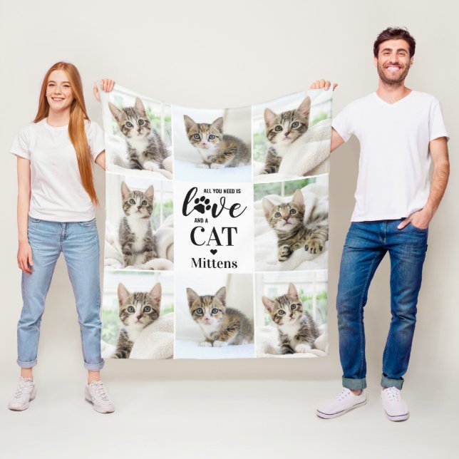 All You Need Is Love Cat Personalised 8 Pet Photo Fleece Blanket (In Situ)