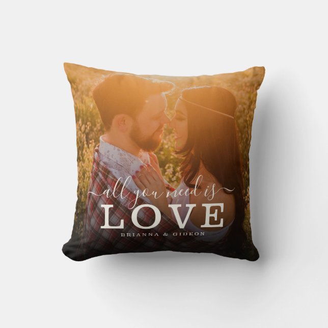 All you need is Love Couple Photo Modern Script Cushion (Front)