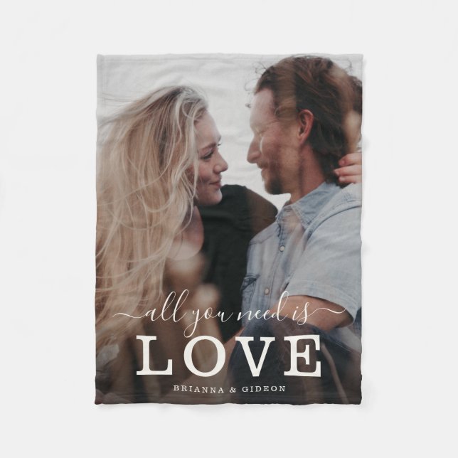 All You Need is Love Modern Script Couple Photo Fleece Blanket (Front)