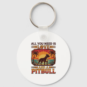 All You Need Is Love Pitbull Dog Sunset Palm Trees Key Ring