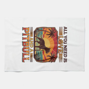 All You Need Is Love Pitbull Dog Sunset Palm Trees Tea Towel