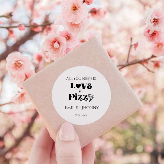 All you need is love & pizza bridal shower classic round sticker (Creator Uploaded)