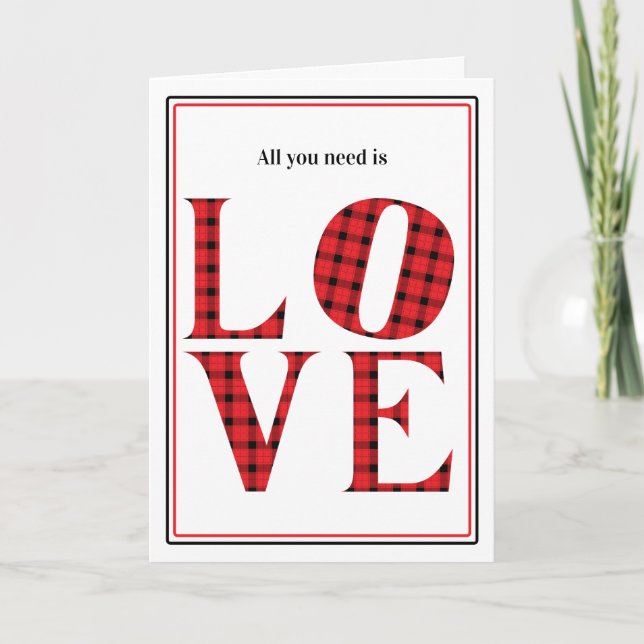 All you need is Love red buffalo plaid Valentines Holiday Card (Front)