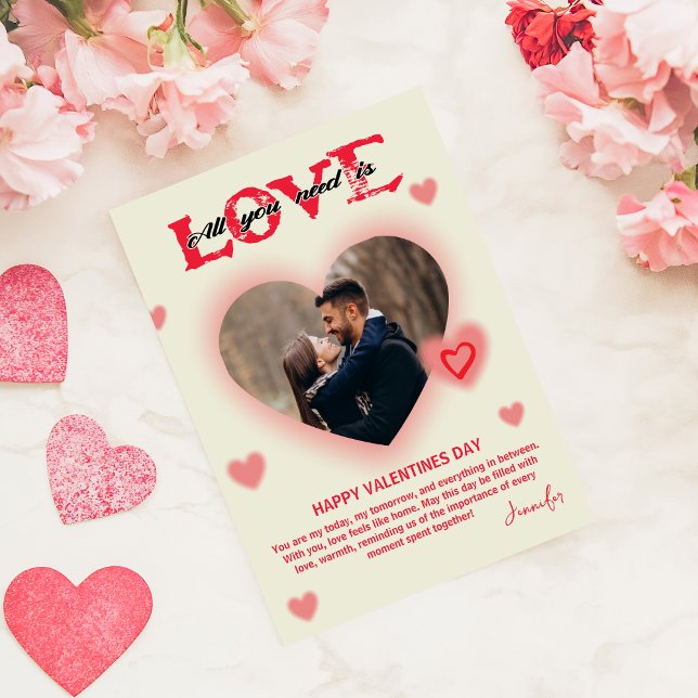 All You Need Is Love Valentines Day Heart Photo Holiday Card (All You Need Is Love Valentines Day Heart Photo Holiday Card red heart template script happy couple)