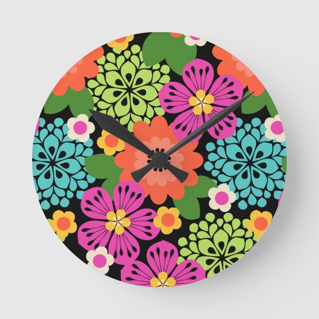 Allana Garden Hawaiian Graphical Floral - Black Round Clock (Front)