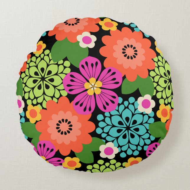 Allana Garden Hawaiian Graphical Floral - Black Round Cushion (Front)