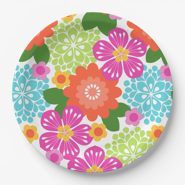 Allana Garden Hawaiian Graphical Floral - Brights Paper Plate (Front)