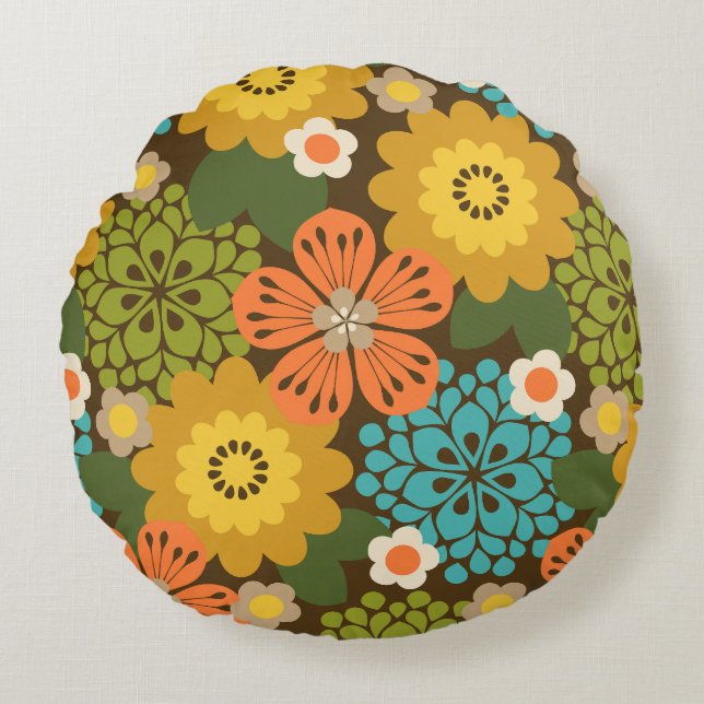 Allana Garden Hawaiian Graphical Floral - Brown Round Cushion (Front)