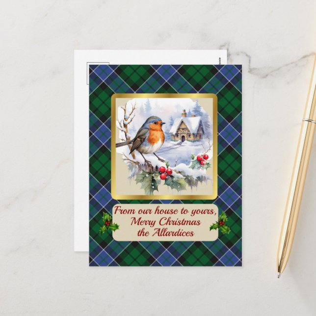 Allardice Tartan w/Robin Personalised   Holiday Postcard (Front/Back In Situ)
