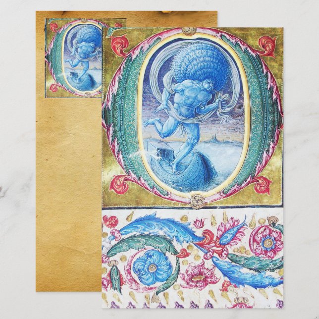 ALLEGORY OF WIND ANTIQUE FLORAL MINIATURE MONOGRAM STATIONERY (Front/Back)
