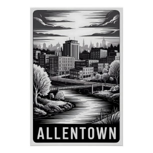 Allentown Pennsylvania Skyline Black White Woodcut Poster