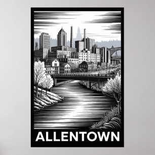 Allentown Pennsylvania Skyline Black White Woodcut Poster