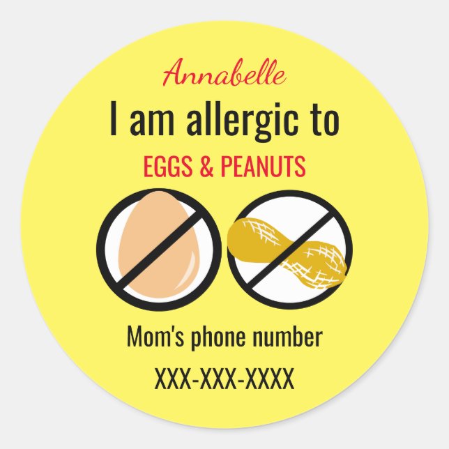 Allergic to Peanuts and Eggs Kids Personalised Classic Round Sticker (Front)