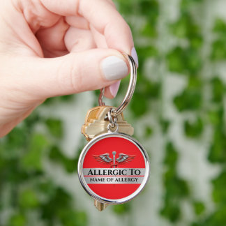 Allergy alert allergic to red silver caduceus key ring