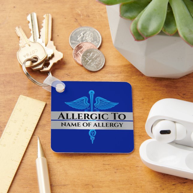 Allergy alert DIY allergic to blue SILVER caduceus Key Ring (Desk)