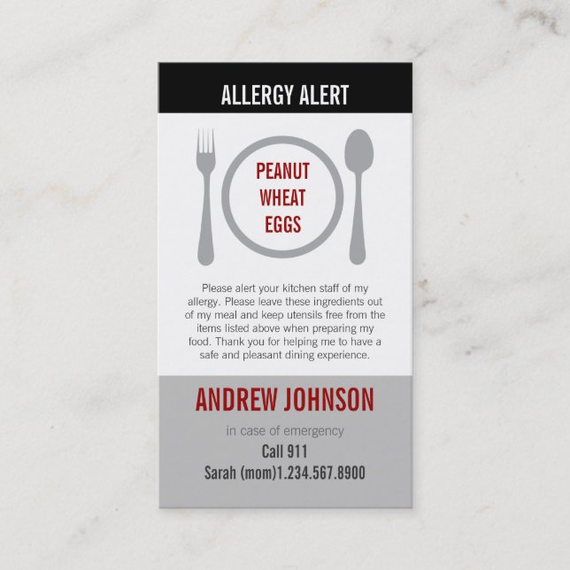 Allergy Alert Grey Duotones Calling Card (Front)