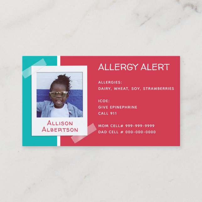 Allergy Alert Kids Photo Medical Emergency Daycare Calling Card (Front)