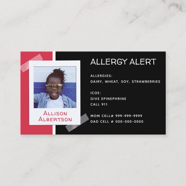 Allergy Alert Kids Photo Medical Emergency Daycare Calling Card (Front)