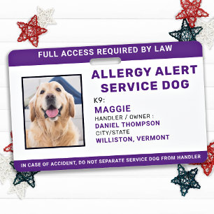 Allergy Alert Service Dog Personalised Photo ID Badge