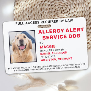Allergy Alert Service Dog Photo ID Badge
