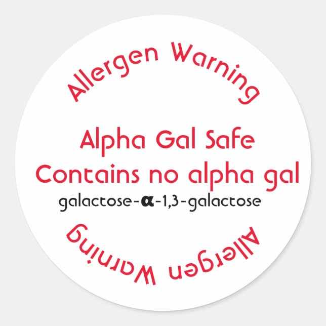 Allergy allergen labelling, alpha gal food allergy classic round sticker (Front)