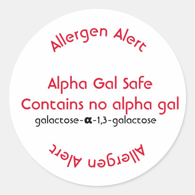 Allergy allergen labelling, alpha gal food allergy classic round sticker (Front)