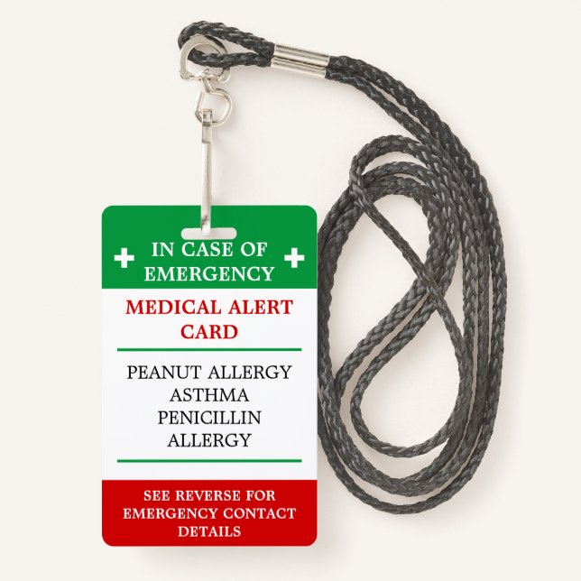 ALLERGY In Case of Emergency (I.C.E.) Card allergy ID Badge (Front with Lanyard)