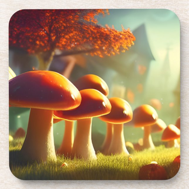 Alley of cute mushrooms colourful magical scenery coaster (Front)