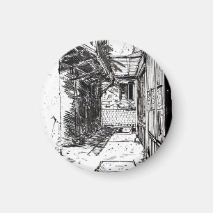 Alleyway Saigon Vietnam Cityscape Pen and Ink Art Magnet