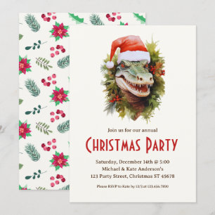 Alligator a Santa Hat Poinsettias Christmas Party Invitation