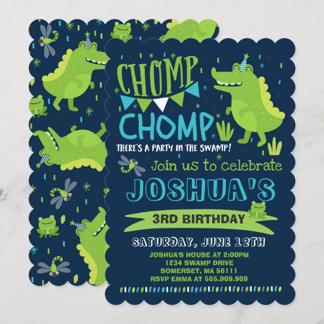 Alligator Birthday Invitation Crocodile Party (Front/Back)