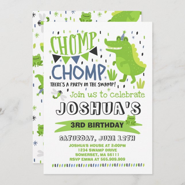 Alligator Birthday Invitation Crocodile Party (Front/Back)