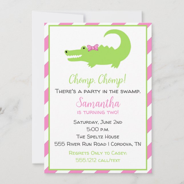 Alligator Birthday Invitation for Girls (Front)