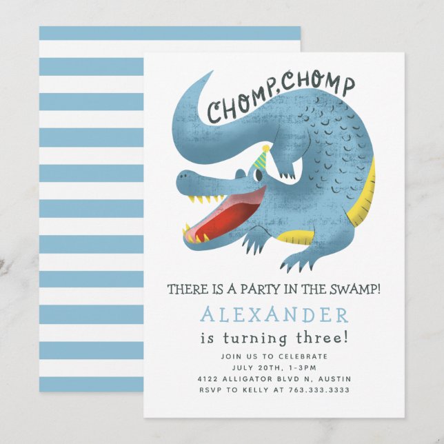 Alligator Birthday Party Blue Invitation (Front/Back)